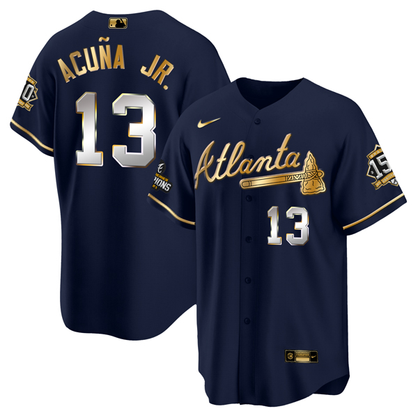 Men's Atlanta Braves #13 Ronald Acuña Jr. 2021 Navy/Gold World Series Champions With 150th Anniversary Patch Cool Base Stitched Jersey